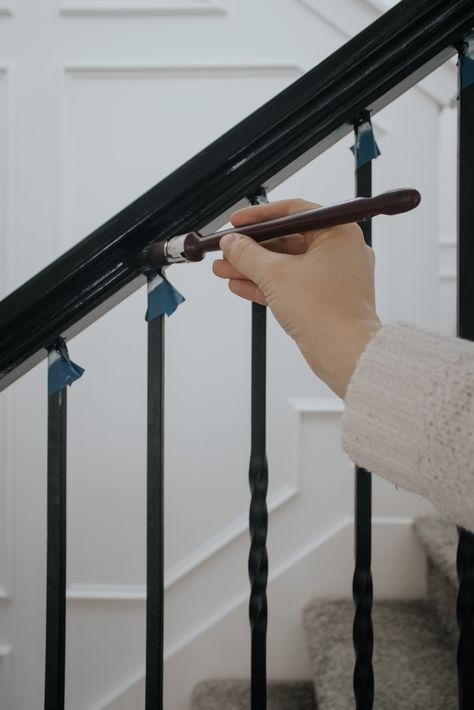 How I Painted my Banister – With Love, Mercedes Paint Metal Stair Railing, Black Bannisters And Spindles, Painting Stair Banisters, Redo Banister Diy, Best Black Paint Color For Banister, Banister Paint Ideas, Painting Railings Banisters, Painting Bannister, Painting Banisters Railings