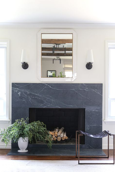 Venetian Plaster Fireplace Surround, Black Plaster Fireplace, Soapstone Fireplace Surround, Dark Stone Fireplace, Formal Fireplace, Quartzite Fireplace, Midcentury Fireplace, Soapstone Fireplace, Wide Fireplace