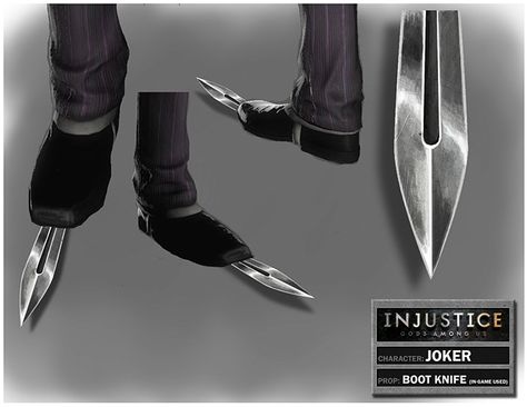 www.ashtongallagher.com - Joker's Boot Knife Shoes With Knife, Joker Knife, Knife Shoes, Hidden Knives, Blade Shoes, Injustice Gods Among Us, Boot Knife, Knife Patterns, Fantasy Props