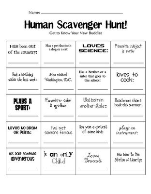 Human scavenger hunt -great get-to-know-you activity for the first week of class. Human Scavenger Hunt, Get To Know You Activities, Education Games, First Day Activities, Leadership Activities, Team Building Games, First Day Of School Activities, Icebreakers, Art Worksheets