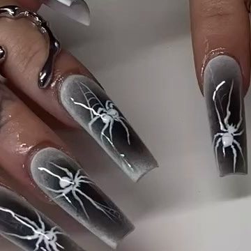 Dark Airbrush Nail, Airbrush Halloween Nails, Sharp Halloween Nails, Alt Halloween Nails, Halloween Airbrush Nails, Grunge Halloween Nails, Halloween Nails Glow In The Dark, Spook Nails, Spider Nails Designs