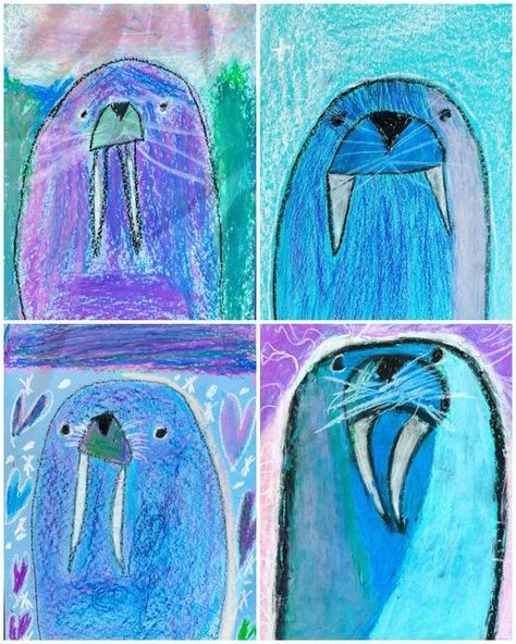 Mrs. Barnes on Instagram: "We’ve had some crazy weather that has made schedules a little wonky, so I had an extra day with some classes. 1st and 3rd grades made these arctic walrus drawings from @studiosprout I love the simplicity of the materials but with such beautiful results. 🤍 #oilpastels #oilpastelart #primaryart #walruses #winterart #elementaryartlessons #artteacherlife" Walrus Art Preschool, Arctic Animal Art, Walrus Drawing, Walrus Art, Arctic Fox Art, Square One Art, Arctic Art, Projects School, Crazy Weather