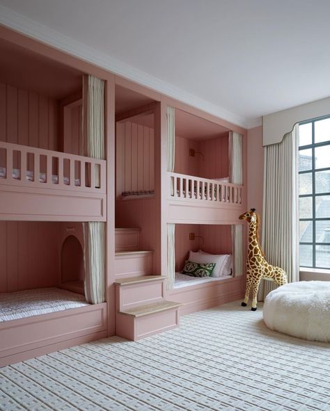 A super fun pink bunk room Penthouse Luxury, Crittal Windows, Pink Bedroom Ideas, The Bunker, Childrens Bathroom, London Houses, Interior Design London, Pink Paradise, Chelsea London