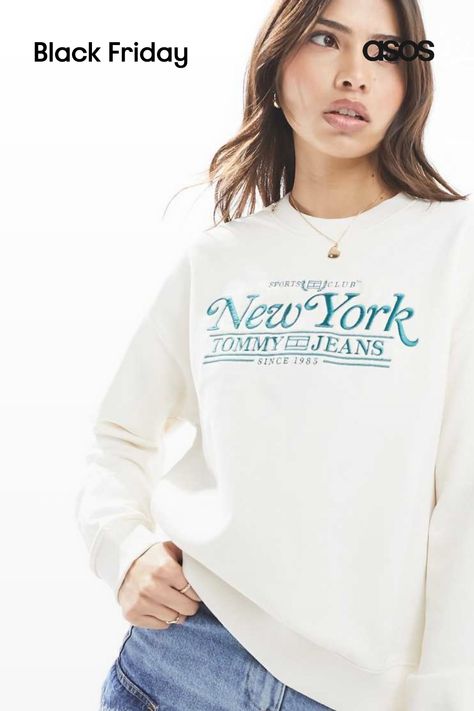 Hoodies & Sweatshirts by Tommy Jeans Act casual Crew neck Long sleeves 'New York' embroidery Boxy fit Varsity Sweatshirt, Winter Party Dress, Skirt Co Ord, Long Sleeve Floral Dress, Satin Slip Dress, Women Hoodies Sweatshirts, Maxi Dress Trend, Black Wrap Dress, Petite Maternity