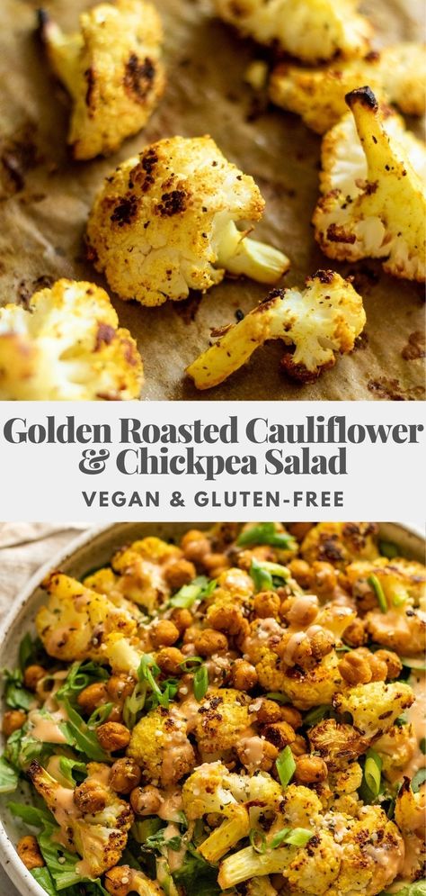 Golden Roasted Cauliflower and Chickpea Salad seasoned with turmeric, garlic and fennel then roasted until caramelized and topped with maple tahini sauce. Easy to make and customizable. Roasted Cauliflower And Chickpea Salad, Roasted Cauliflower And Chickpeas, Roasted Chickpea Salad, Chickpea Salad Vegan, Cauliflower Chickpea, Tapas Dinner, Roasted Cauliflower Salad, Healthy Vegan Dinner Recipes, Healthy Vegan Dinner