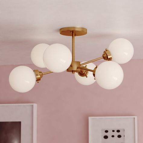 Everly Quinn Coverton Glass Semi Flush Mount | Wayfair Brass Semi Flush Mount Light, Entryway Light Fixtures, White Ceiling Light, Entryway Lighting, Glass Globes, Semi Flush Lighting, Bedroom Ceiling, Semi Flush Ceiling Lights, Light Fixtures Flush Mount