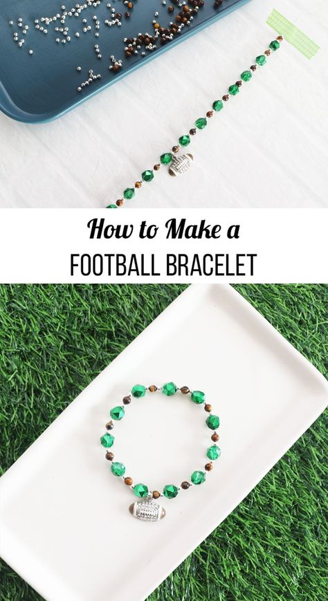 DIY Football Bracelet. Show your love of the game with this pretty bracelet. Step-by-step instructions on how to make an elastic bead bracelet. Football Jewelry Diy, Elastic Bead Bracelet, Football Jewelry, Football Bracelet, Football Diy, Camp Crafts, Summer Camp Crafts, Camping Crafts, Pretty Bracelets