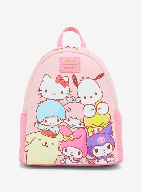 Hello Kitty and her friends are ready to go out with ya! This pink mini backpack has a group print of your Sanrio faves like Cinnamoroll  Pompompurin  Kuromi and more. Comes with side pockets that have an allover print of Sanrio characters  an interior drop pocket and adjustable straps.9" x 4 12" x 10 12"PolyurethaneInterior drop pocketSide pocketsImportedBy Loungefly Kawaii Hello Kitty Outfit, Purse Wishlist, Sanrio Loungefly, Hello Kitty And Her Friends, Pompompurin Kuromi, Loungefly Collection, Pink Mini Backpack, Sanrio Backpack, Loungefly Purse