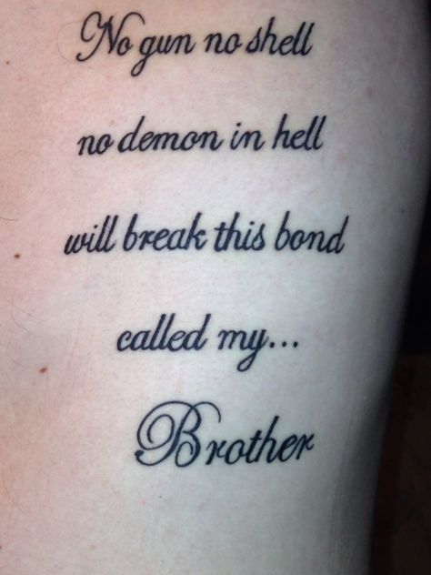 Brotherhood tattoo that my brothers and I got My Brothers Keeper My Sisters Protector Tattoo, Brother Quotes Tattoo, Brother Memorial Tattoo For Men, Older Brother Tattoo, Veteran Memorial Tattoo, Brotherhood Tattoo Men, My Brother's Keeper Tattoo, Sibling Memorial Tattoos Brother, My Sister Protector Tattoo