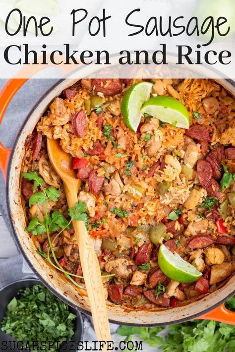 This One Pot Sausage, Chicken and Rice has tender chicken thighs, andouille sausage, and plenty of delicious vegetables. It's full of flavor and made in one pot! Try this recipe for the perfect dish to share at family dinners, Easter dinner, and dinner parties. Chicken Thigh Sausage Recipe, Chicken Andouille Sausage Recipe, One Pot Sausage, Andouille Sausage Recipes, Mains Recipes, Beach Recipes, Creole Food, Man Recipes, Chicken And Rice Recipe