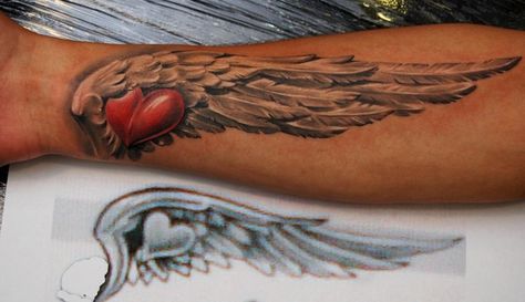 . Angel Wing Arm Tattoo, Angel Wings Tattoo Forearm, Bubble Tattoo, Heart With Wings Tattoo, Ink Therapy, Remembrance Tattoos, Tattoo Wrist, Wing Tattoo Designs, Heart Wings