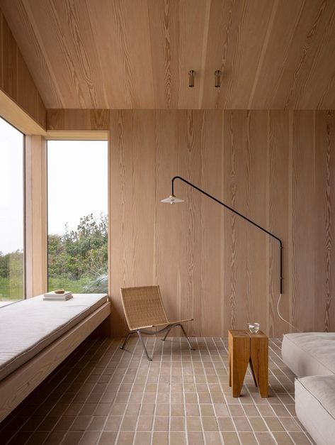 Japanese Bathrooms, Beach House Pictures, Built In Bath, Wooden Panelling, Cedar Cladding, Norm Architects, Brick Flooring, Traditional Building, Roof Design