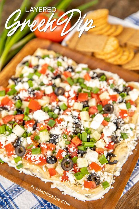 Layered Greek Dip with Hummus & Cream Cheese - Plain Chicken Pita Dip, Layered Greek Dip, Greek Hummus Dip, Greek Tzatziki Recipe, Feta Hummus, Greek Dip Recipes, Greek Layer Dip, Chicken Eggplant, Black Bean Hummus