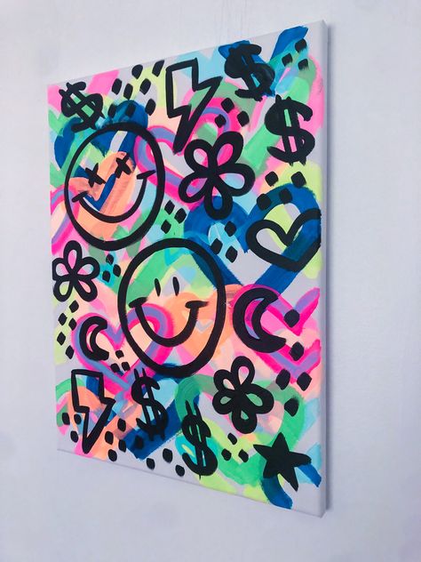 Graffiti Painting On Canvas Easy, Abstract Painting Acrylic Modern, Diy Canvas Art Easy, Wall Art Tutorial, Teen Art, Acrylic Art Projects, Graffiti Painting, Cute Canvas Paintings, Cute Paintings