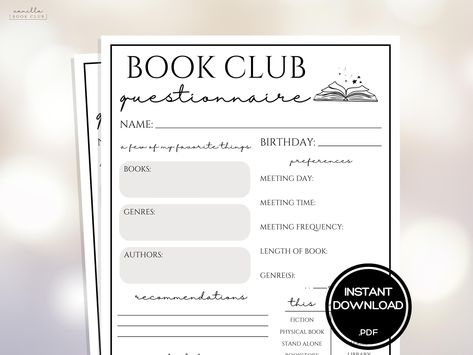 Book Club Games Questionnaire Book Club Ice Breaker Games Ladies Night Games Girls Night Game Book Club Meeting Activity Book Club Members by VanillaBookClub on Etsy Book Club Activities For Women, Book Club Games, Ladies Night Games, Club Games, Girls Night Games, Meeting Activities, Night Games, Book Club Meeting, Easy Books