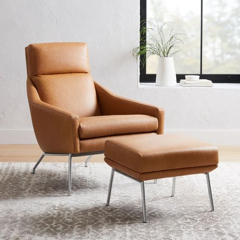 Austin Leather Armchair | West Elm Brick Apartment, Classic Armchair, Oversized Furniture, Teen Furniture, Chair And Ottoman Set, Mid Century Armchair, Ottoman Set, Room Planning, Swivel Armchair