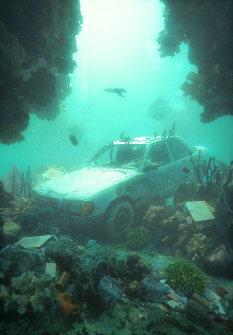 car underwater, skiegraphicstudio on ArtStation at https://www.artstation.com/artwork/lRBEXo Car Underwater, Organic Mechanic, Art Alevel, Underwater City, Ap Studio Art, Art Theme, Abandoned Cars, Shades Of Teal, Matte Painting