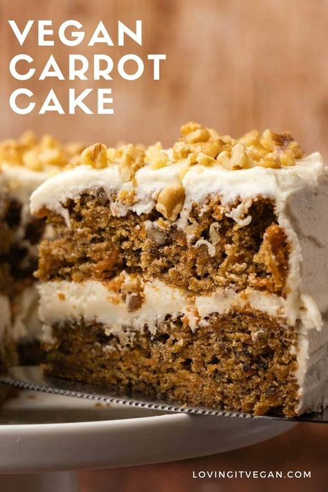 Moist and rich vegan carrot cake with a wholesome flavor and gorgeous color. Topped with lemon buttercream frosting and crushed walnuts. | lovingitvegan.com Vegan Carrot Cake Recipe, Cake Carrot, Vegan Cream Cheese Frosting, Vegan Carrot Cake, Gluten Free Carrot Cake, Dessert Vegan, Vegan Carrot Cakes, Desserts Vegan, Vegan Cream Cheese