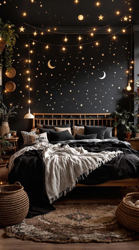 Black Boho Bedroom Ideas Black Boho Bedroom, Witchy Bedroom, Enchanted Night, Celestial Motifs, Boho Bedrooms, Whimsical Bedroom, Boho Bedroom Ideas, Boho Style Decor, Moody Bedroom