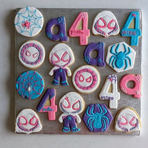 Ghost Spider Cake Pops, Ghost Spider 3rd Birthday, Ghost Spider Party Favors, Gwen Spiderman Birthday Party, Gwen Spidey Party, Ghost Spider Birthday Party Food, Ghost Spider Cookies, Girl Spidey Birthday Party, Ghost Spider Birthday Party Ideas