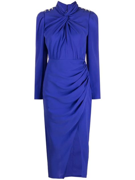 Dresses in Fashion for Spring 2023 - Brunette from Wall Street Blue Silk Dress With Sleeves, Party Dress Night Elegant, Silk Dress With Sleeves, Dressy Fashion Outfits, Blue Wedding Guest Dresses, Party Dress Night, Dresses Dinner Party, Midi Dress Blue, Blue Silk Dress