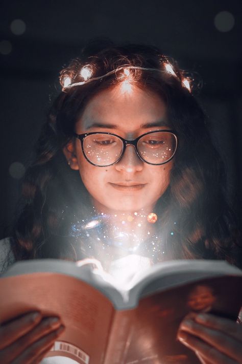 Glowing Book Photography, Book Self Portrait Photography, Fantasy Studio Photography, Fantasy Book Photography, Poetry Photoshoot Ideas, Inner Child Photoshoot, Portraits With Books, Magic Book Aesthetic, Bookstore Photoshoot