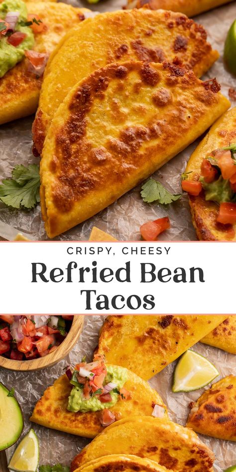 These crispy pan-fried tortillas are stuffed with melty cheese and refried beans. Made with only four ingredients you probably already have on hand, these vegetarian tacos are so easy to throw together, and the whole family will love them. Get creative with your favorite toppings and throw this easy Mexican recipe into the rotation! Refried Bean Tacos, Soft Taco Recipe, Refried Bean, Crispy Tacos, Fried Tortillas, Mexican Recipe, Bean Tacos, Vegetarian Tacos, Taco Recipe