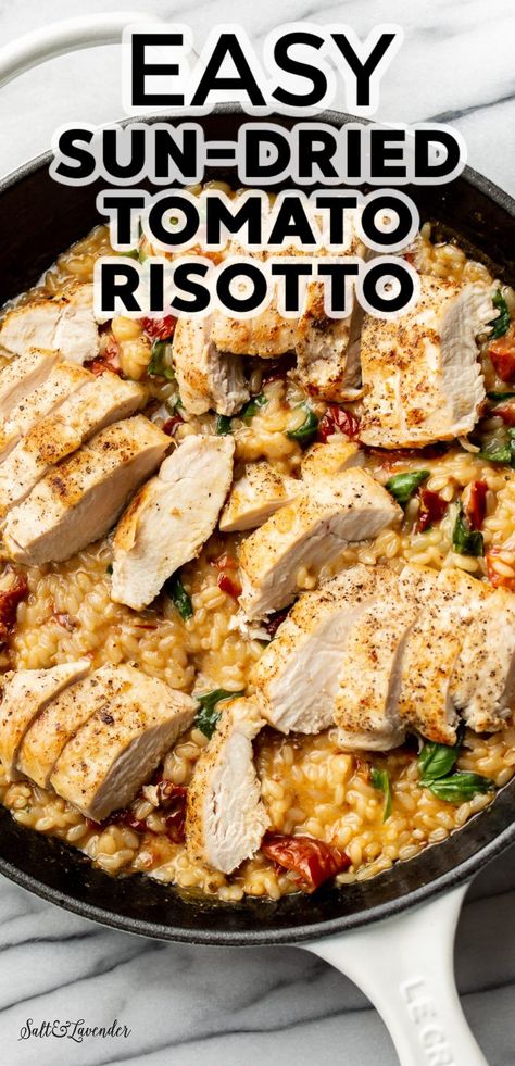 You can have a restaurant-worthy meal with this easy risotto recipe! It has basil, sun-dried tomatoes, cheese risotto, and pan-fried chicken. The quick cook risotto makes this dinner completely hassle free! Sponsored by DeLallo. Risotto And Chicken Recipes, Chicken Rissoto Recipe, Red Wine Risotto Recipes, Chicken And Risotto Recipes, Chicken Risotto Recipes, Chicken And Risotto, Chicken Risotto Recipe, Risotto Chicken, Risotto With Chicken