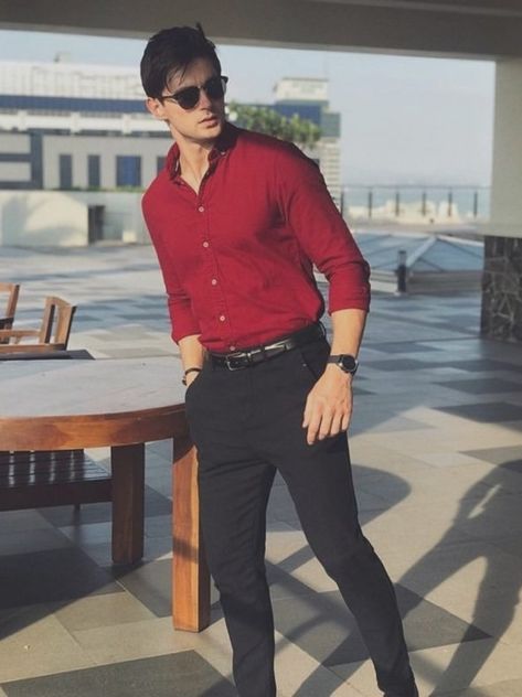 Maroon Shirt Outfit, Red Shirt Outfit, Red Shirt Outfits, Red Shirt Men, Red Shirts, Red And Black Outfits, Black Pants Outfit, Black Outfit Men, Shirt Outfit Men