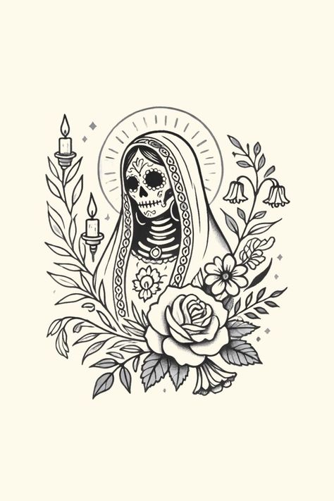 Santa Muerte Tattoo, Mexican Graphic Design, Traditional Tattoo Inspiration, Mexican Art Tattoos, Saved Tattoo, Spooky Tattoos, Asian Tattoos, Traditional Tattoo Art, Tattoo Style Drawings