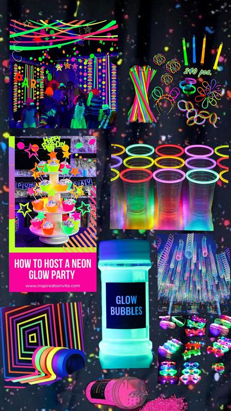 ♡♡♡♡ my glow party ♡♡♡♡ Glow Party Pinata, 18th Birthday Glow Party, Glow Disco Party, Glow Night Party, 13 Neon Party, Glamour Sweet 16 Theme, House Party Entertainment Ideas, Neon 18th Birthday Party, Glow In The Dark Party Ideas For Kids