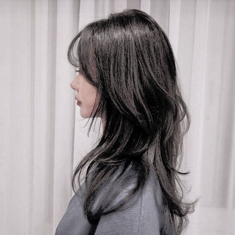 Layered Hair On Round Face, Long Wolfcut Haircut With Curtain Bangs, Korean Shaggy Haircut, Korean Wolf Cut Long Hair, Korean Long Layered Haircut, Korean Layered Haircut, Korean Hush Cut, Long Hair With Bangs And Layers, Hush Cut