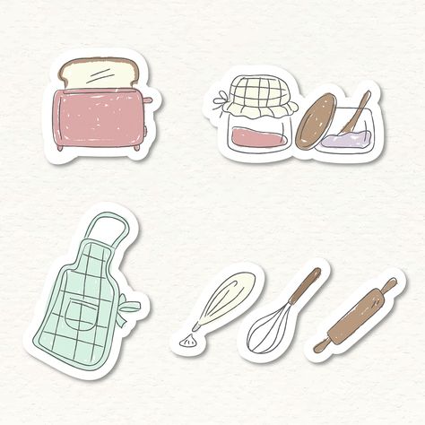 Cookery Notebook Design, Cookery Design Aesthetic, Cooking Stickers Printable, Chef Drawing, Doodle Sticker, Food Sticker, Basic Kitchen, Drawing Journal, Chef Kitchen