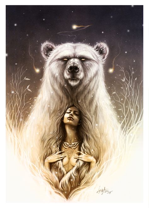 "Bear Spirit" The shaman recall. For the ancient cultures, from the Native American to the Celts, it's a symbol of strength, wisdom, and archetypal femininity."  Back tattoo                                                                                                                                                      More Bear Spirit Animal, Bear Spirit, Spirit Tattoo, Spirit Bear, Bear Tattoos, Spirit Animal Art, American Tattoos, Bear Tattoo, Top Tattoos