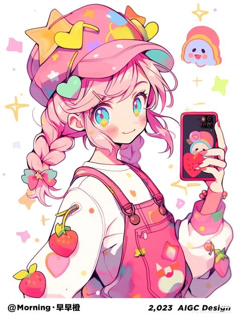 Holding Phone Pose Reference, Holding Phone, Girl With Pink Hair, A Cell, Figure Drawing Reference, Hair Reference, Pink Hat, Cute Poses, Anime Poses