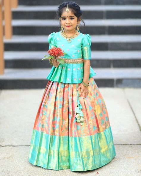 Kids lehangas Lehenga Design For Kids Girl, Pattu Langa For Baby Girl, Kids Langa Jacket Designs, Pattu Langa Designs For Kids, Pattu Pavadai Designs For Teenagers, Latest Pattu Pavadai Designs, Pavadai Sattai Designs Kids, Lehenga Blouse Designs For Kids, Pattu Pavadai Designs For Kids