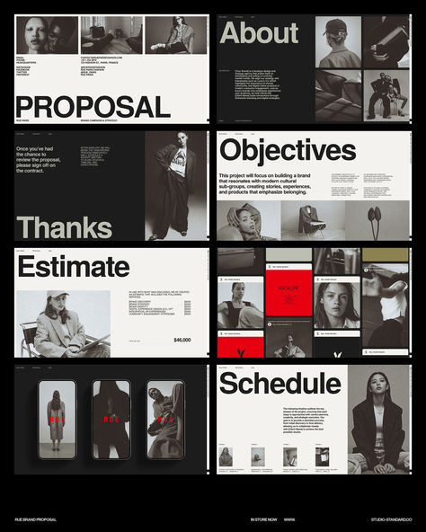 The Rue Proposal Template is a customizable proposal tool for Canva and Adobe InDesign, designed for fashion brands, creative agencies, and entrepreneurs. With 25 structured pages, it covers project objectives, deliverables, timelines, and pricing. Compatible with Canva and InDesign CS4+, it’s easy to edit colors and elements to suit your brand. Sized at 1920x1080px, it includes two cover options, grid layouts, master pages, and placeholders. Fashionable, project pitch proposal deck template. Fashion Pitch Deck Design, Portfolio Layout Indesign, Fashion Pitch Deck, Canva Fashion Templates, Proposal Presentation Design, Corporate Design Inspiration, Creative Powerpoint Design, Branding Deck, Project Proposal Design