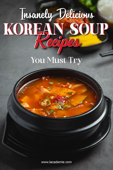 Korean soup recipes, one can expect to see a combination of bold flavors and hearty ingredients. From the fiery kick of kimchi stew to the mild and earthy taste of doenjang soup, these recipes showcase the rich culinary heritage of Korean cuisine. Meat or seafood serves as the main protein, while staples like gochujang, soy sauce, and mushrooms provide depth and richness. Korean Miso Soup Recipe, Korean Beef Soup Recipe, Spicy Korean Soup, Kimchi Soup Recipe, Korean Soup Recipes, Korean Food Side Dishes, Veg Stew, Gochujang Recipe, Korean Dumplings