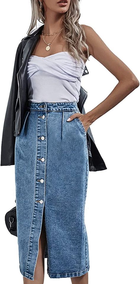 Button Down Denim Skirt, Denim Skirts Knee Length, Denim Skirt Fashion, Jean Pencil Skirt, Midi Skirt With Pockets, Midi Denim, Legging Sport, Denim Skirt Women, Denim Pencil Skirt