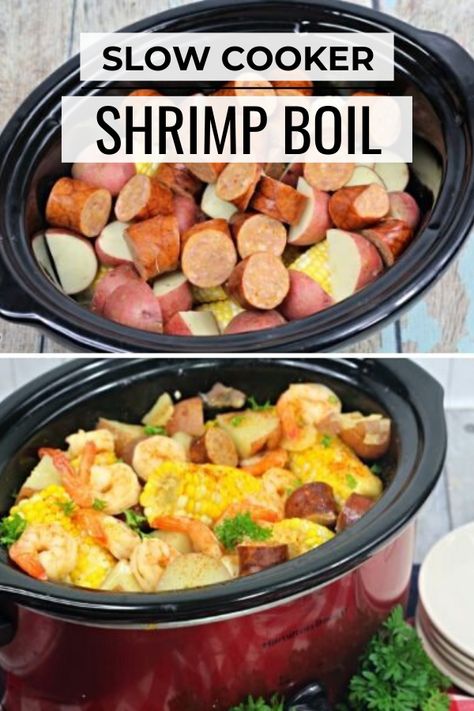 Country Boil Crock Pot, Crockpot Meals With Shrimp, Easy Summer Crockpot Meals Healthy, Crock Pot Beach Meals, Shrimp And Sausage Crockpot Recipes, Shrimp Boil Crockpot Slow Cooker, Easy Pescatarian Recipes Crock Pot, Crock Pot Low Country Boil, Seafood Crockpot Recipes Slow Cooker