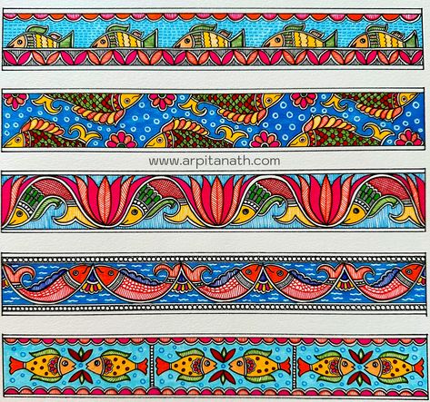 Madhubani Fish Borders - Soulful Art by Arpita Madhubani Photo Frame, Madhubani Art Borders, Madhubani Painting Motifs, Madhubani Designs Pattern, Indian Madhubani Art, Mithila Painting Border Design, Folk Art Border Design, Madhubani Painting Border Design, Madhubani Borders Patterns