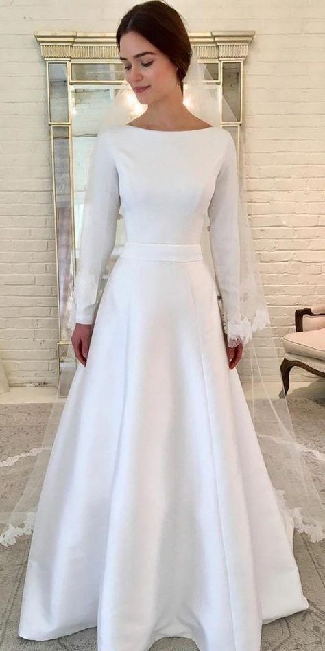 Modest Wedding Dresses With Sleeves Plus Size, Modest Minimalist Wedding Dress, Modest Long Sleeve Wedding Dresses, White Wedding Gown, Modest Wedding Dresses With Sleeves, Long Bridal Gown, Simple Bride, Modest Wedding Gowns, Modest Bridesmaid Dresses