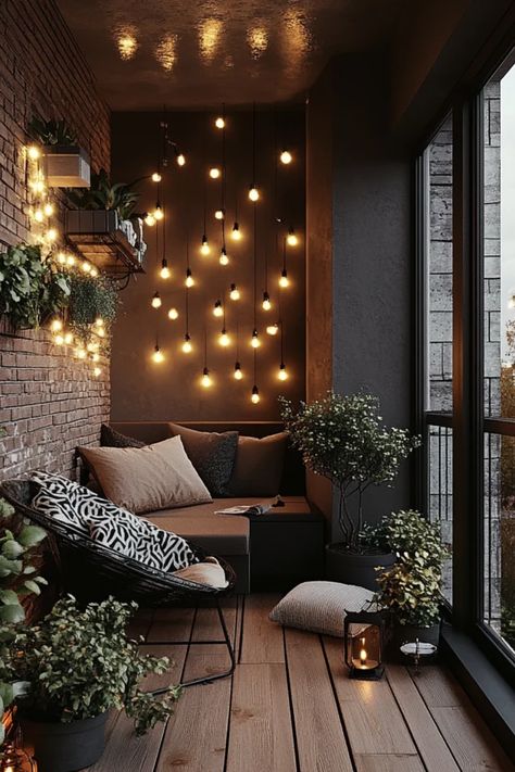 This pin showcases stylish transformation ideas for balcony decor, focusing on cozy setups for outdoor living. It includes cozy seating arrangements, colorful plants, and elegant accessories to inspire your outdoor space Apartment Balcony Inspiration, Cozy Apartment Patio Ideas, Balcony Set Up, Outdoor Balcony Lighting Ideas, Cozy Balcony Aesthetic, Cozy Terrace Ideas, Apt Balcony Ideas, Outdoor Balcony Ideas Apartments, Apartment Deck Ideas Balconies