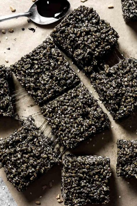 Black Sesame Rice Krispies — Zestful Kitchen Sesame Rice Crispy Treats, Espresso Rice Krispie Treats, Black Sesame Cookies Recipe, Black Sesame Rice Krispie, Black Rice Krispie Treats, Savory Brownies, Rice Krispie Recipes, Black Snacks, Sesame Dessert