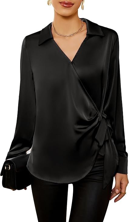 GRACE KARIN Women's Satin Silk Blouses Wrap V Neck Shirts Long Sleeve Elegant Tie Waist Office Formal Work Tunic PulloverTops at Amazon Women’s Clothing store Satin Bluse, V Neck Shirts, Silk Blouses, Formal Tops, Awesome Blouse, Shirts Long Sleeve, Satin Blouses, Elegant Blouses, Satin Top