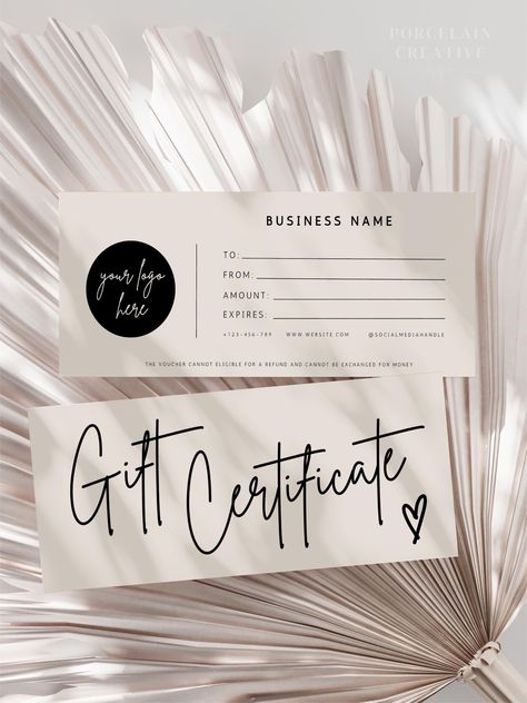 Editable Gift Certificate Template, Printable Gift Voucher, Editable Gift Certificate, Printable Gift Card, DIY Gift Certificate, Small Business Supplies, Canva Template Bring your business to another level and surprise your customers with the little details that matters. This Gift Card template is perfect for Small Handmade Businesses, Photography, Hair Salons, Hairdressers, Beauty Salons, Spas and many more! This DIY (do-it-yourself) template is fully customizable and very simple to use. Choose from thousands of free elements which can be mixed, matched and customised in your design. ❤ Please Note ❤ This product is an instant digital download - Nothing physical is shipped to you. All you need to work with your template is a LAPTOP/ COMPUTER with internet access and to create a FREE Canva Beauty Salon Gift Voucher Ideas, Gift Certificate Printable, Gift Voucher Design, Voucher Design, Gift Card Template, Salon Gifts, Small Business Gifts, Gift Card Design, Printable Gift Cards