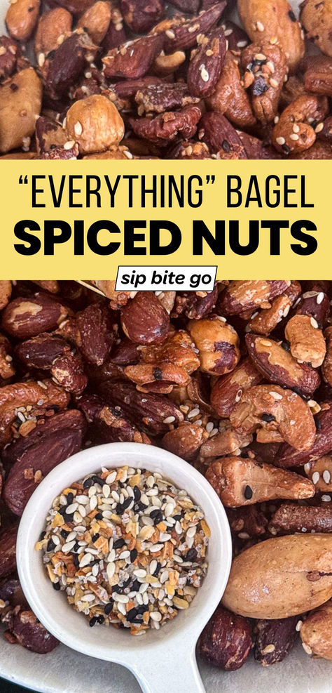 Everything Bagel Spiced Nuts Recipe with text overlay Everything Bagel Appetizer, Recipes Using Everything But The Bagel Seasoning, Things To Put Everything Bagel Seasoning On, Everything Bagel Seasoning Snacks, Everything Bagel Spice Recipes, Everything Bagel Seasoning, Everything Bagel Seasoning Recipes, Everything Bagel Spice, Everything But The Bagel Seasoning