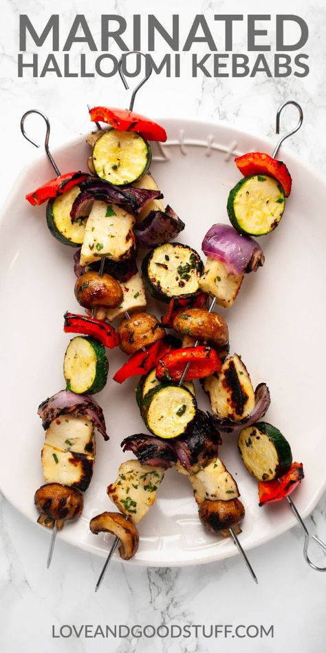 Grilled halloumi kebabs are the perfect vegetarian addition to any summer BBQ or cookout. These vegetable and cheese skewers are marinated in a bright and fresh lemon garlic parsley marinade then grilled for just a couple of minutes per side. Halloumi Kebabs Skewers, Halloumi Kebab, Veggie Kebab Marinade, Vegetarian Skewers Bbq, Kebabs On The Grill Vegetarian, Veg Skewers Grilled Vegetables, Bbq Halloumi, Vegetarian Skewers, Bbq Vegetables