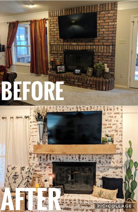 Shmear Fireplace, Brick Fireplace Update, Smear Fireplace, Brick Fireplace Decor, White Wash Brick Fireplace, German Schmear, German Smear, Red Brick Fireplaces, Fireplace Diy