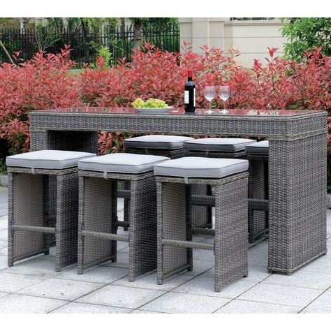 Furniture of America Liley Grey Wicker 7-piece Bar Set, Patio Furniture Bar En Plein Air, Wicker Bar Stools, Grey Bar Stools, Bar Exterior, Grey Patio, Outdoor Patio Bar, Stone Patio, Bar Patio, Patio Bar Stools